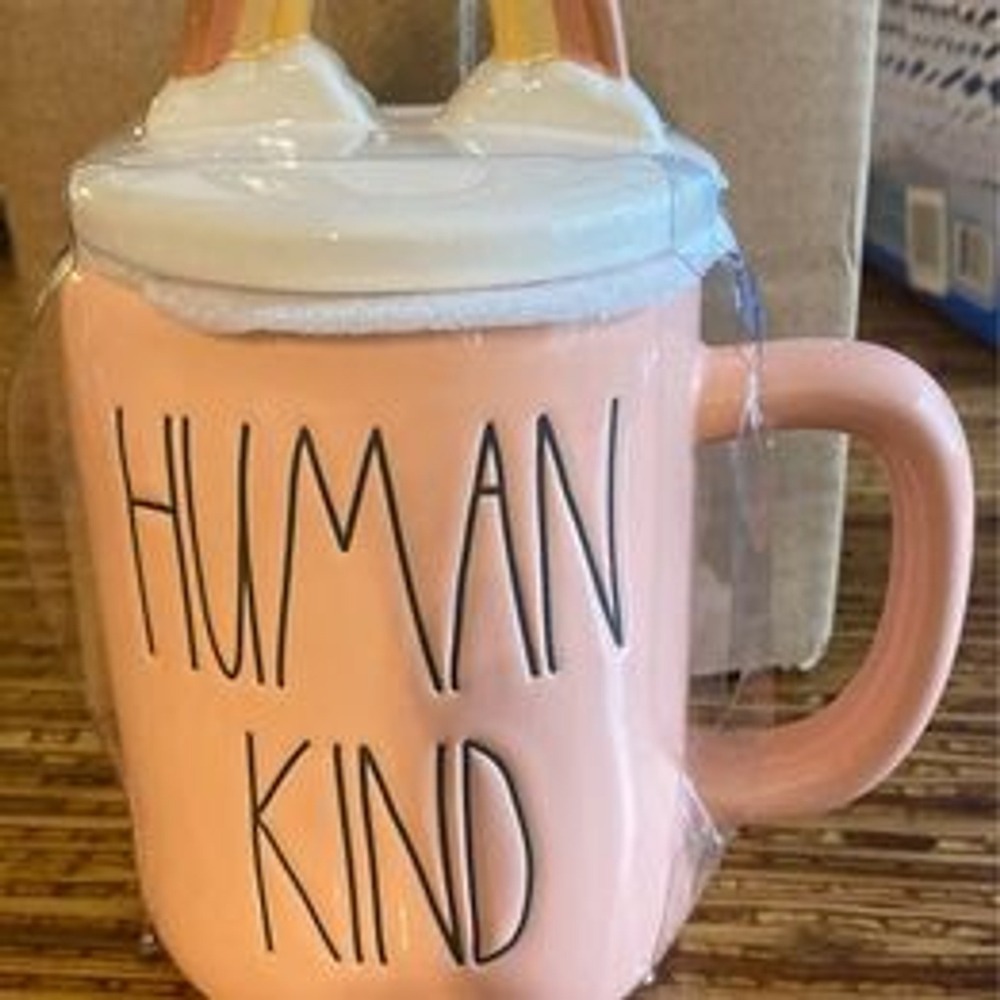 Rae Dunn Human Kind Pink Ceramic Mug with Rainbow Cloud‎ Lid Topper New